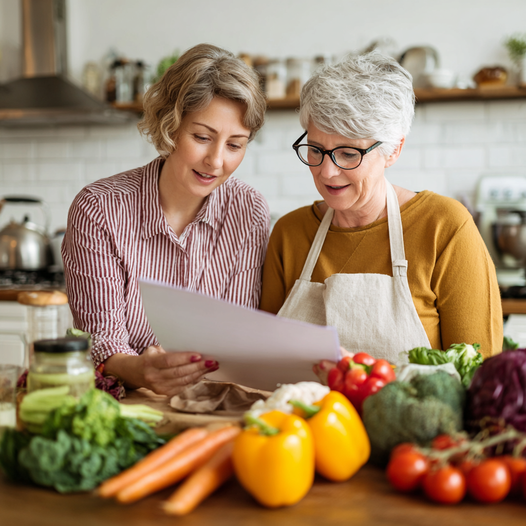 mature adult reviewing weekly meal plan with nutritionist guidance