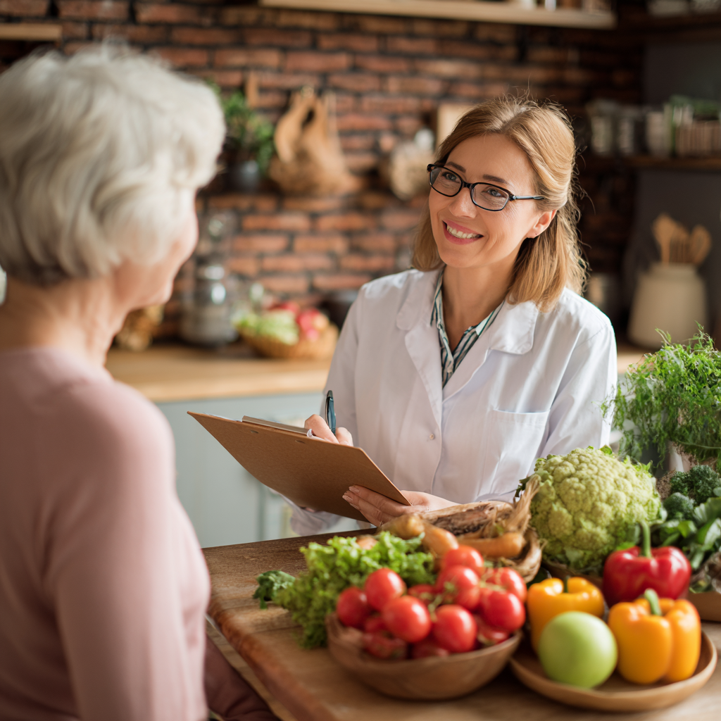 nutritionist consulting with middle-aged woman about healthy meal planning